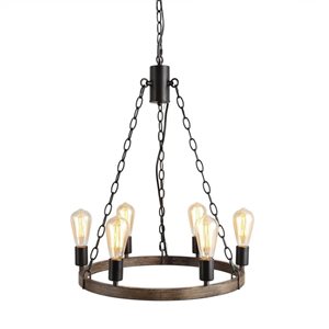 LNC Aulus 6-Light Black and Wood Brown Farmhouse Chandelier