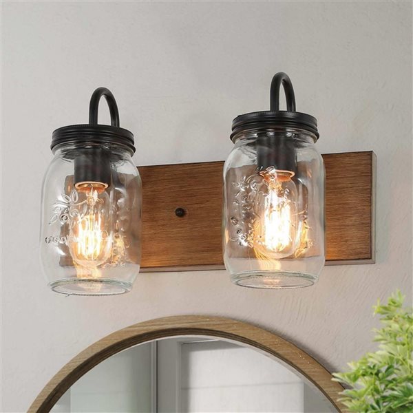 LNC Orthodox 2-Light Mason Jar Brown Wood Tone Traditional Vanity Light