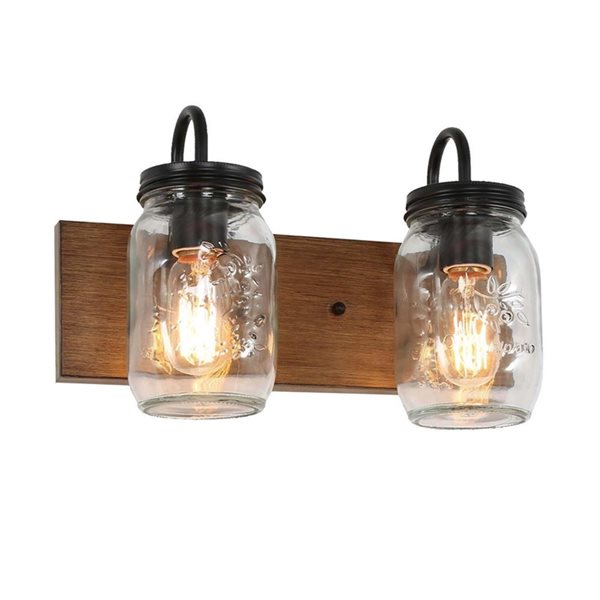 LNC Orthodox 2-Light Mason Jar Brown Wood Tone Traditional Vanity Light