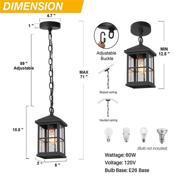 LNC Orlan 10.5-in Black and Modern/Contemporary Lantern Outdoor Pendant Light