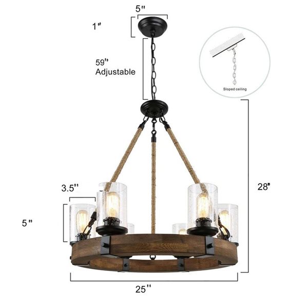 LNC Holmes 6-Light Black and Wood Farmhouse Drum Kitchen Island Light