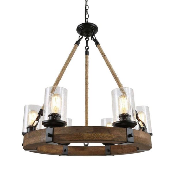 LNC Holmes 6-Light Black and Wood Farmhouse Drum Kitchen Island Light