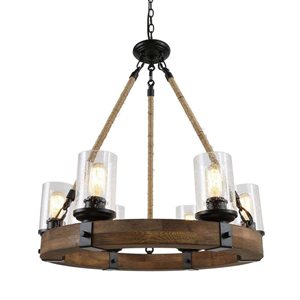 LNC Holmes 6-Light Black and Wood Farmhouse Drum Kitchen Island Light