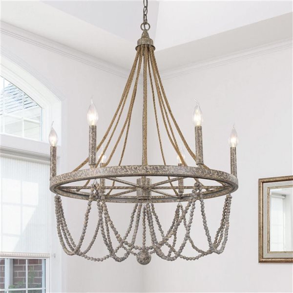 LNC Elegant 6-Light Distressed Grey French Country/Cottage Beaded Chandelier