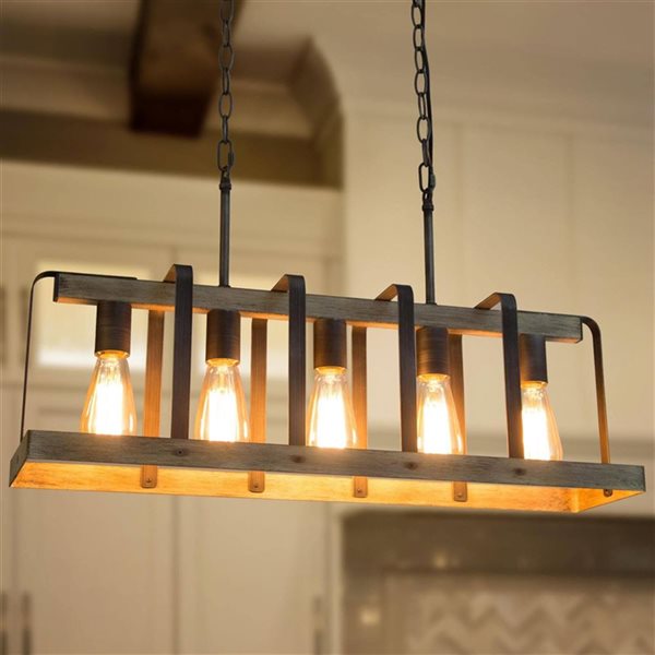 LNC Martin 5-Light Brown and Brushed Black Farmhouse Large Linear Chandelier