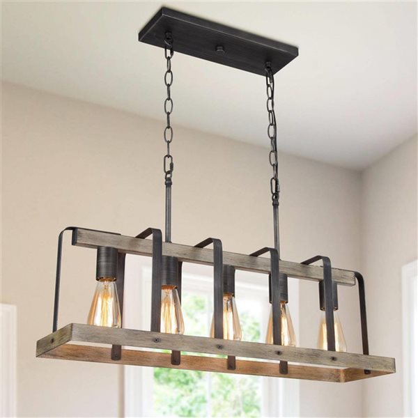 LNC Martin 5-Light Brown and Brushed Black Farmhouse Large Linear Chandelier