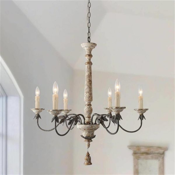 LNC Andromeda 6-Light Distressed White Wood French Country/Cottage Chandelier