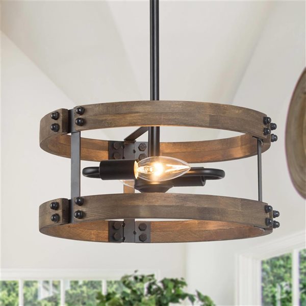 LNC Laius 2-Light Distressed Brown and Matte Black Drum Farmhouse Chandelier