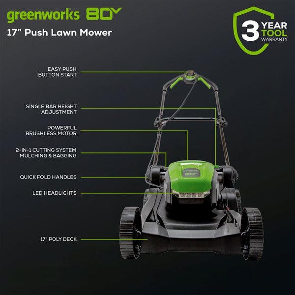 Greenworks 80 V Max Brushless Lithium Ion Push 17-in Cordless Electric Lawn Mower - Battery and Charger Included