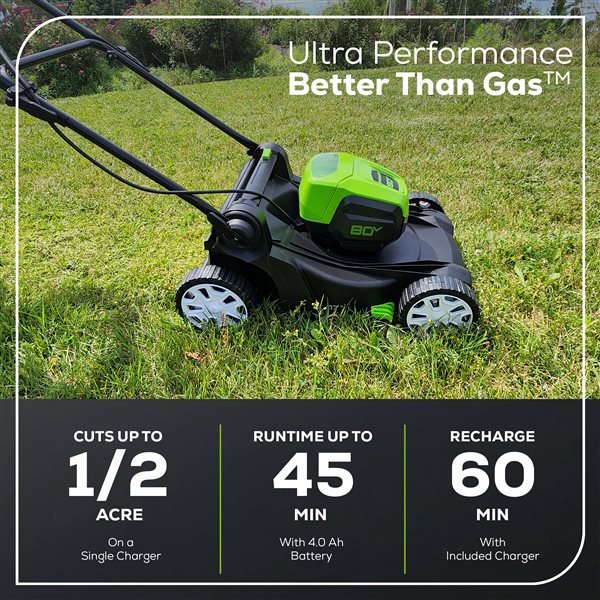 Greenworks 80 V Max Brushless Lithium Ion Push 17-in Cordless Electric Lawn Mower - Battery and Charger Included