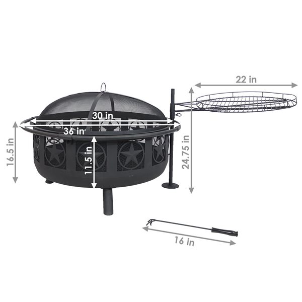 Sunnydaze Black All Star Fire Pit with Cooking Grate & Spark Screen 30-in