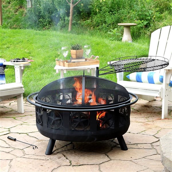 Sunnydaze Black All Star Fire Pit with Cooking Grate & Spark Screen 30-in