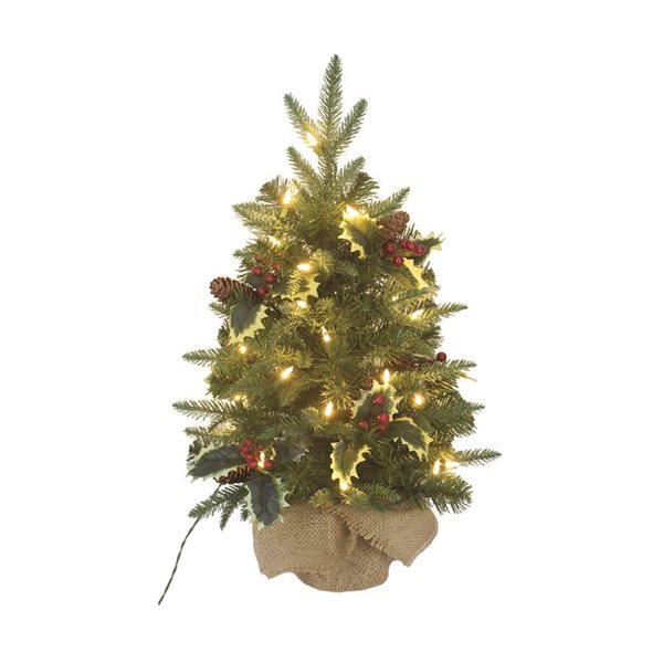 Santa's Workshop 2-ft Pre-Lit Burlap Base Green Artificial Christmas Tree with 35 Constant Warm White Incandescent Lights