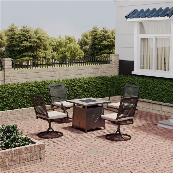 CASAINC Metal Cushioned Swivel Chairs Patio Conversation Set with Grey Top Fire Pit - 5-Piece