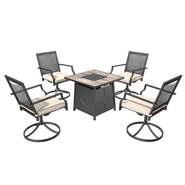 CASAINC Metal Cushioned Swivel Chairs Patio Conversation Set with Grey Top Fire Pit - 5-Piece