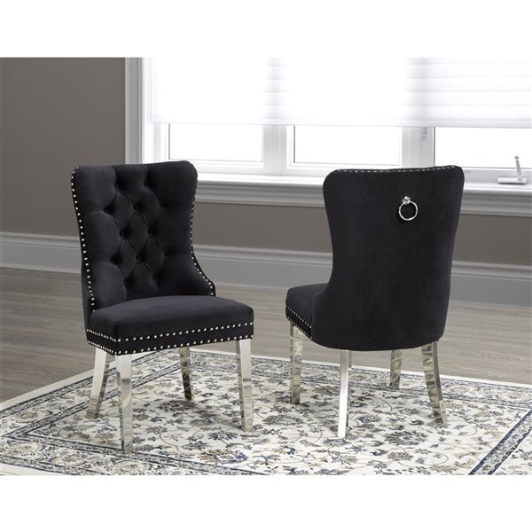 Brassex Set of 2 Contessa Black Contemporary Genuine Leather Upholstered Side Chair (Wood Frame)