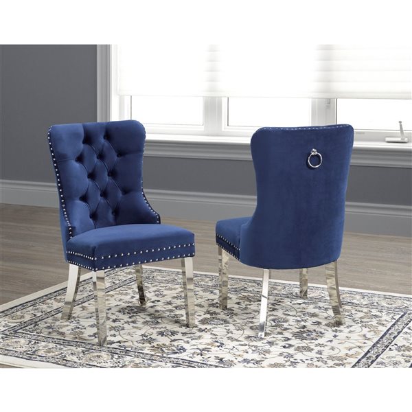 Brassex Set of 2 Contessa Blue Contemporary Genuine Leather Upholstered Side Chair (Wood Frame)