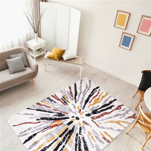 Tapis Morocco Sunburst par ECARPET rectangulaire blanc et gris de 4 pi x 6 pi