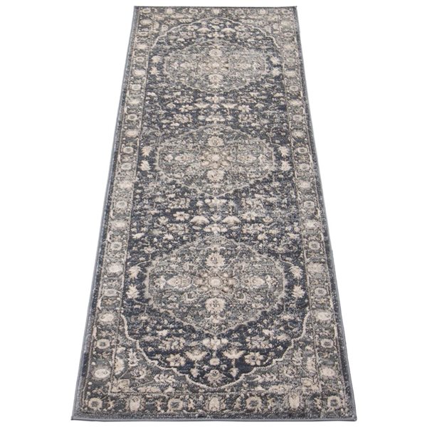 Tapis de passage Oregon Tabriz par ECARPET rectangulaire bleu et gris de 2,5 pi x 8 pi