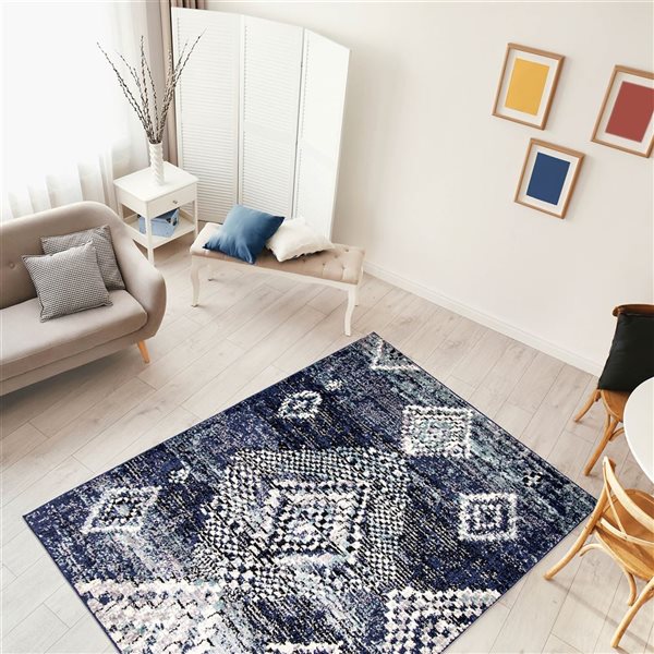 Tapis Morocco Mosaique par ECARPET rectangulaire bleu marine de 6,5 pi x 9,5 pi