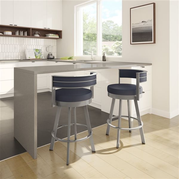 Tabouret comptoir pivotant Amisco Industries Browser 26 po en similicuir bleu foncé/métal gris