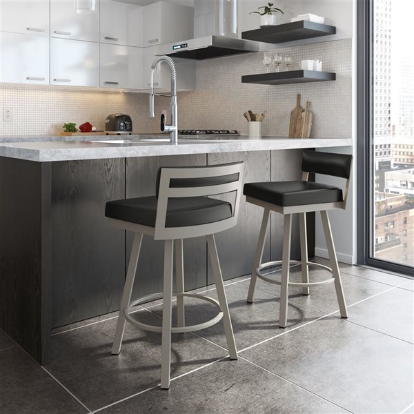 Amisco Industries Travis 30-in Swivel Bar Stool - Black Faux Leather/Grey Metal
