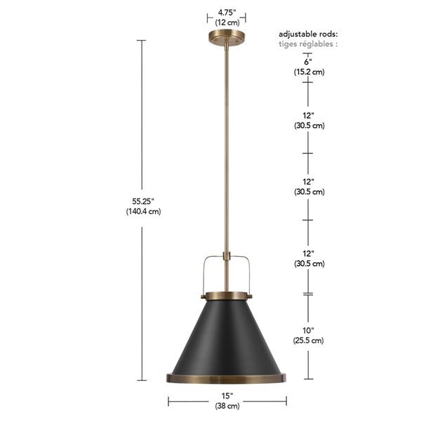 Luminaire suspendu moderne Sophia de 15 po au fini laiton mat avec abat-jour noir mat par Globe Electric