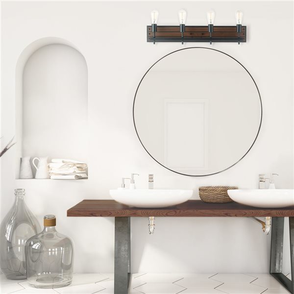 Luminaire moderne Mackay pour meuble-lavabo de 30 po à 4 lumières par Globe Electric, similibois et noir