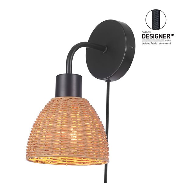 Globe Electric Briar 1-Light Matte Black Plug-In or Hardwire Wall Sconce with Rattan Shade