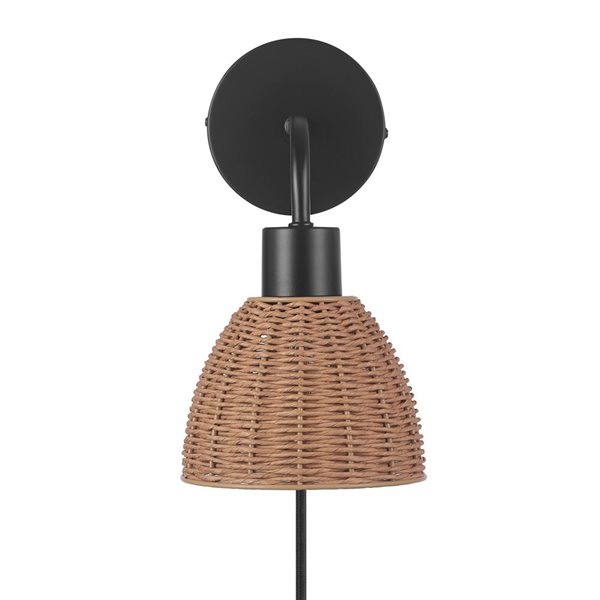 Globe Electric Briar 1-Light Matte Black Plug-In or Hardwire Wall Sconce with Rattan Shade