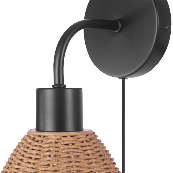 Globe Electric Briar 1-Light Matte Black Plug-In or Hardwire Wall Sconce with Rattan Shade