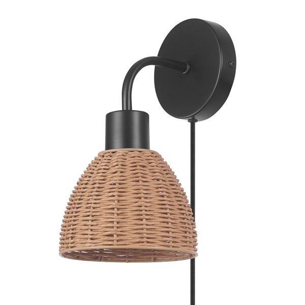 Globe Electric Briar 1-Light Matte Black Plug-In or Hardwire Wall Sconce with Rattan Shade