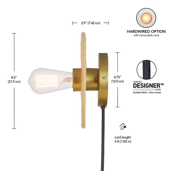 Applique murale Laurel enfichable ou fixe à 1 lumière avec socle imitation de rotin par Globe Electric