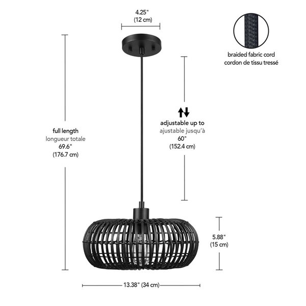 Luminaire suspendu Fitz de 13 po à 1 lumière au fini noir mat avec abat-jour en rotin par Globe Electric