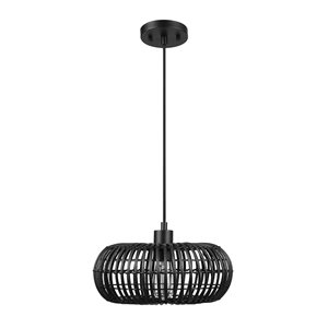 Luminaire suspendu Fitz de 13 po à 1 lumière au fini noir mat avec abat-jour en rotin par Globe Electric