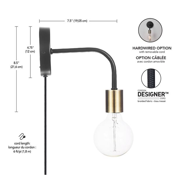 Globe Electric Holden 1-Light Matte Black Plug-In or Hardwire Wall Sconce