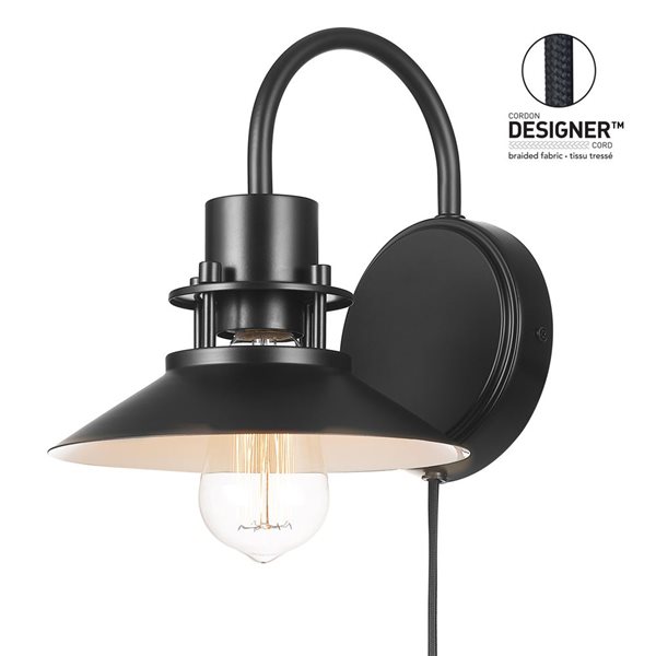 Globe Electric Wren 1-Light Matte Black Plug-In or Hardwire Vintage Wall Sconce