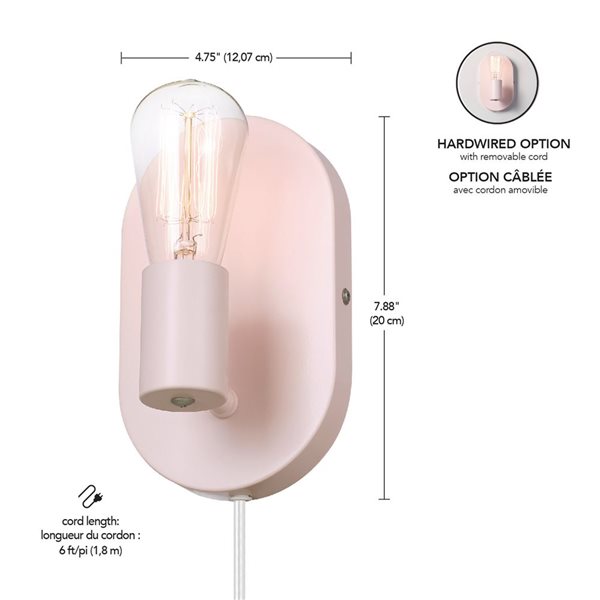 Globe Electric Kiel 1-Light Matte Pink Plug-In or Hardwire Modern Wall Sconce