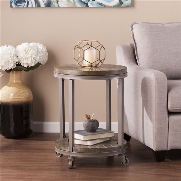 HomeRoots 24-in Brown Manufactured Wood and Iron Round End Table with Shelf