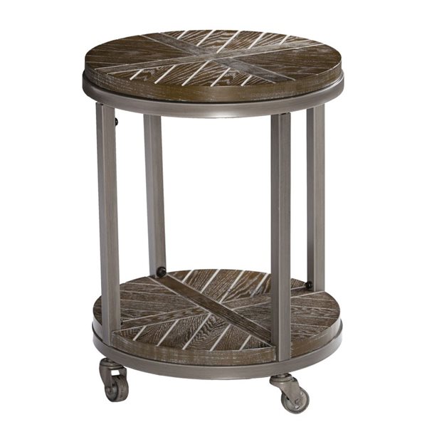 HomeRoots 24-in Brown Manufactured Wood and Iron Round End Table with Shelf