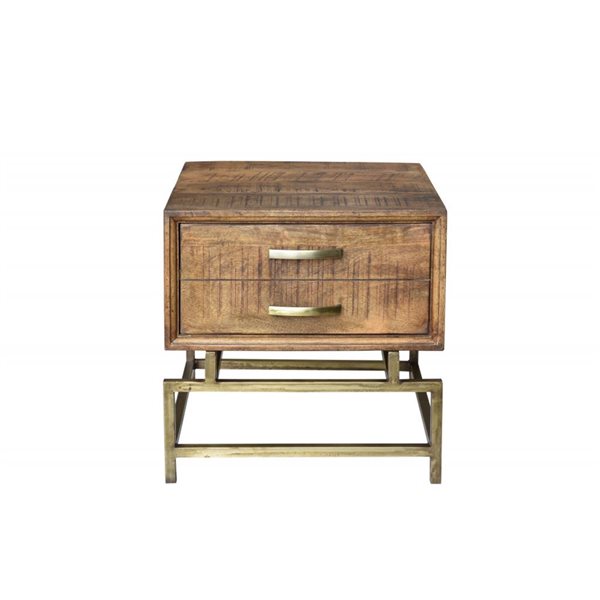 HomeRoots 21-in Brass and Brown Solid Wood and Iron Square End Table with Drawer