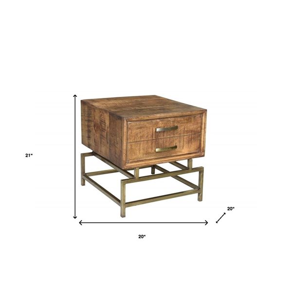 HomeRoots 21-in Brass and Brown Solid Wood and Iron Square End Table with Drawer