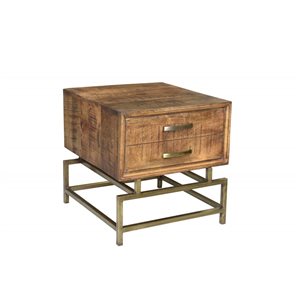 HomeRoots 21-in Brass and Brown Solid Wood and Iron Square End Table with Drawer