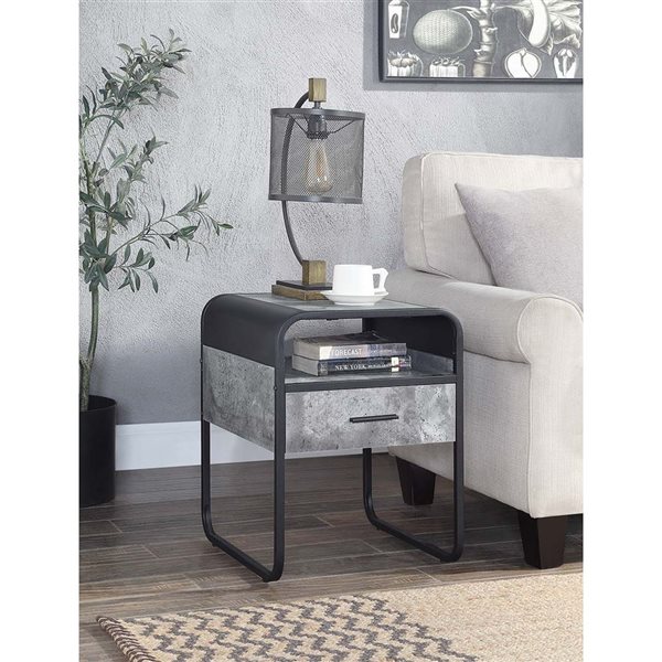 HomeRoots 22-in Concrete Grey and Black Wood and Metal End Table with Drawer