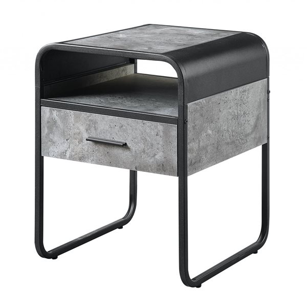 HomeRoots 22-in Concrete Grey and Black Wood and Metal End Table with Drawer