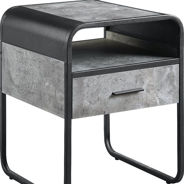 HomeRoots 22-in Concrete Grey and Black Wood and Metal End Table with Drawer