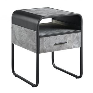 HomeRoots 22-in Concrete Grey and Black Wood and Metal End Table with Drawer