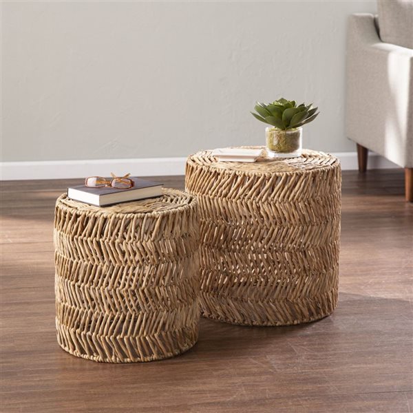 HomeRoots Set Of Two 18-in Natural Woven Rattan End Tables