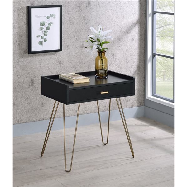 HomeRoots 24-in Gold and Black Modern Rectangular End Table with Drawer