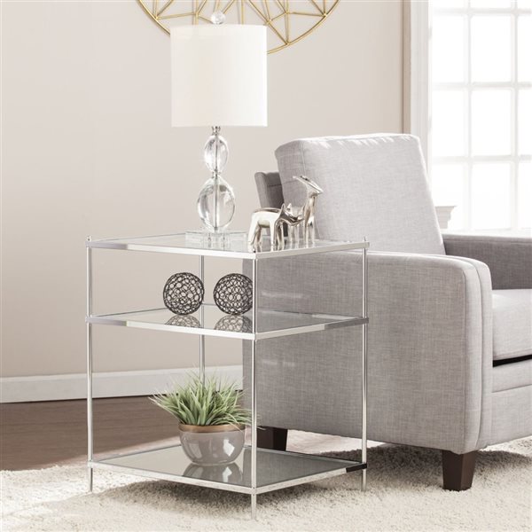 HomeRoots 27-in Chrome Glass and Iron Rectangular Mirrored End Table with Shelf